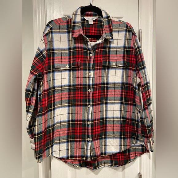 Old Navy Size L The Boyfriend Shirt Red Plaid Flannel Button Down Oversized - Picture 1 of 11